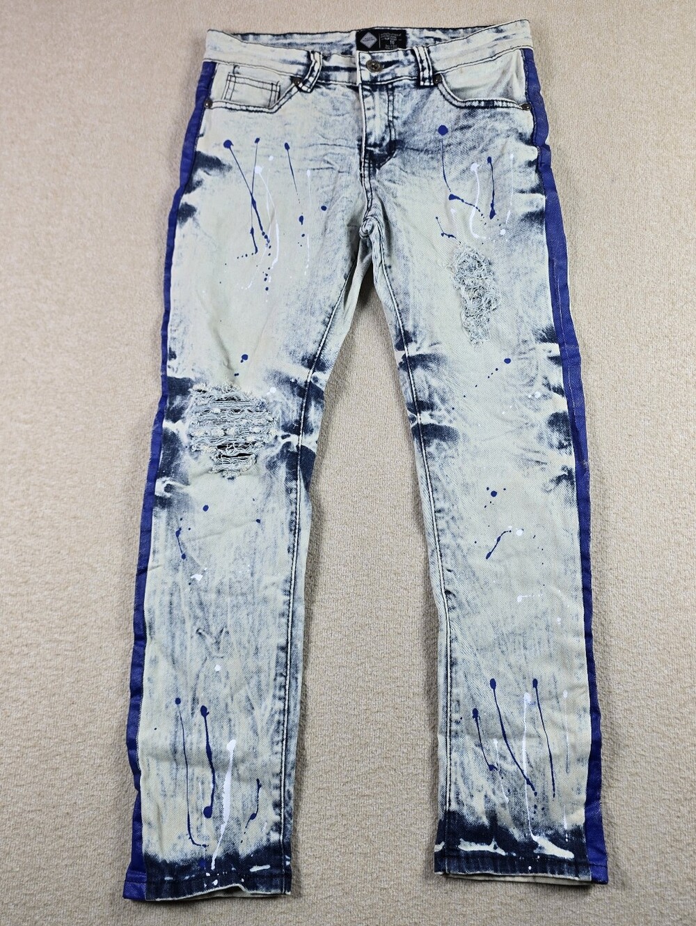 Road Narrows Boys Distressed Paint Splatter Jeans Blue Stripe Size 10